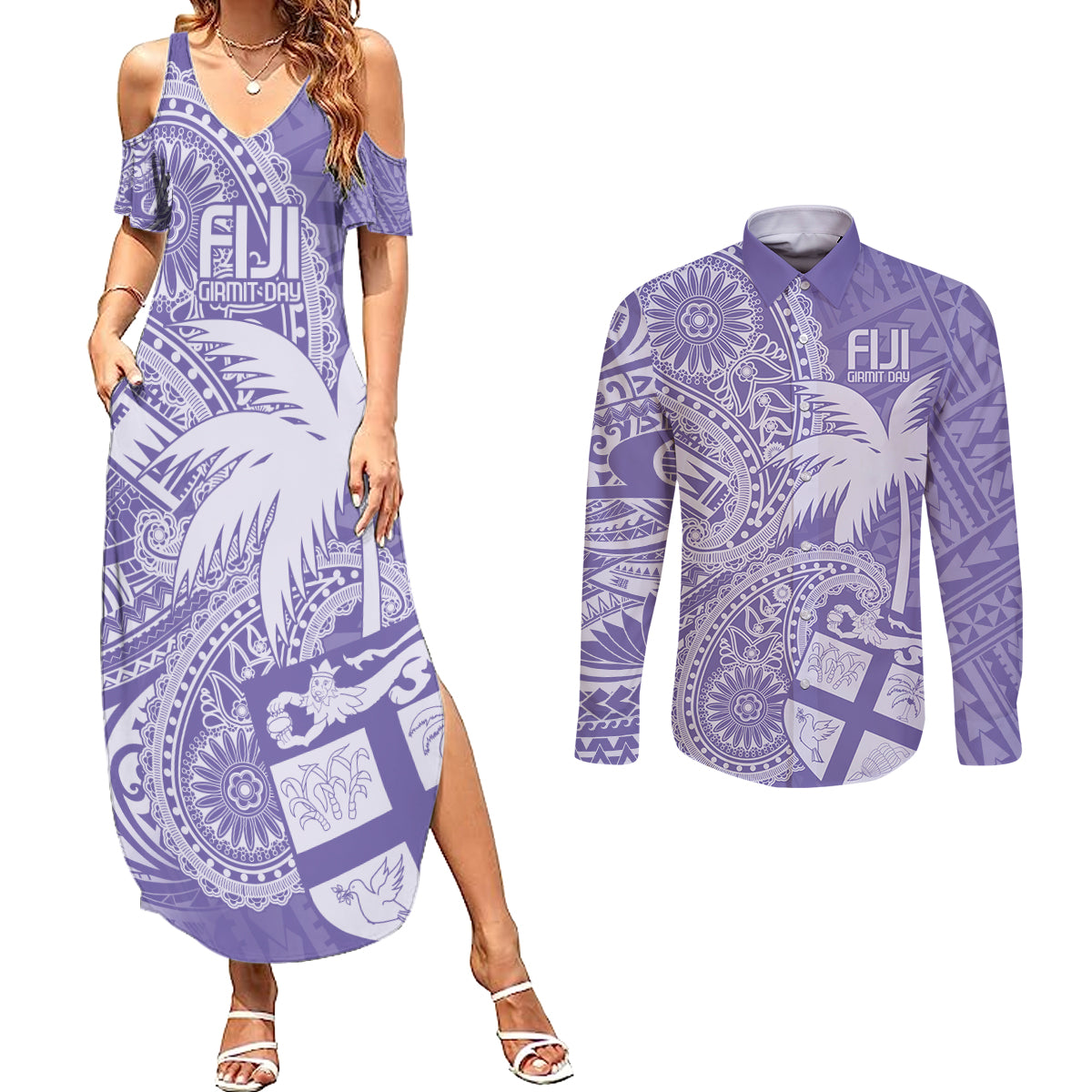 Custom Indo Fijians Couples Matching Summer Maxi Dress and Long Sleeve Button Shirt Fiji ke Hindustani Polyneisan Paisley Purple Style