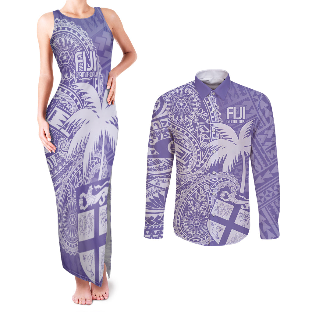 Custom Indo Fijians Couples Matching Tank Maxi Dress and Long Sleeve Button Shirt Fiji ke Hindustani Polyneisan Paisley Purple Style