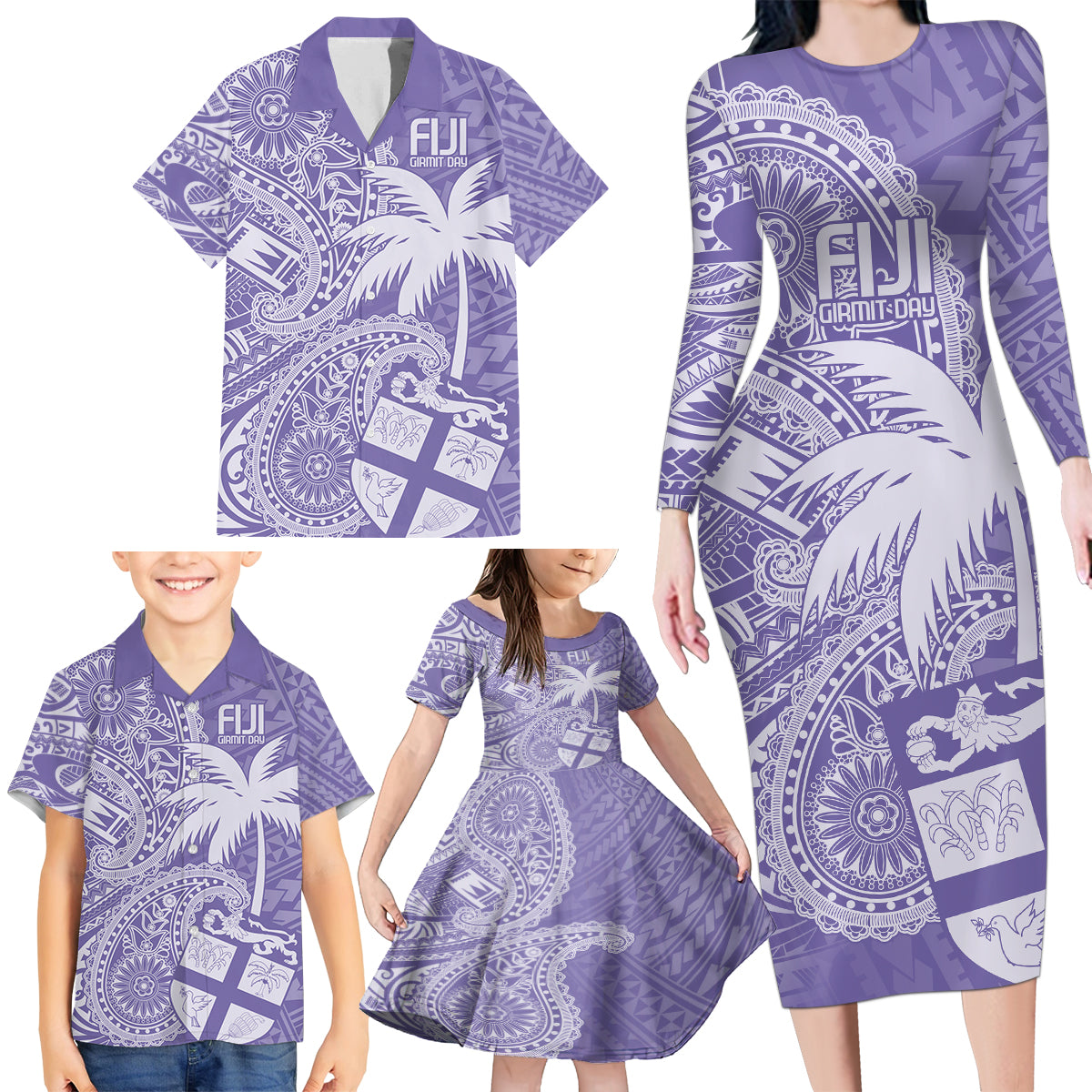 Custom Indo Fijians Family Matching Long Sleeve Bodycon Dress and Hawaiian Shirt Fiji ke Hindustani Polyneisan Paisley Purple Style