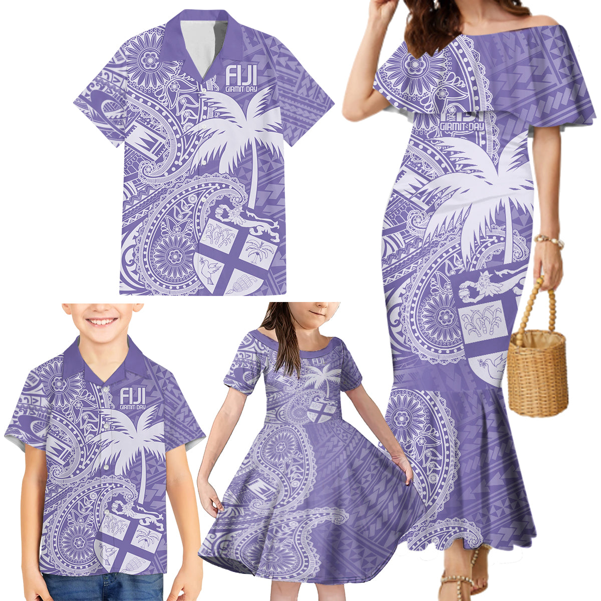 Custom Indo Fijians Family Matching Mermaid Dress and Hawaiian Shirt Fiji ke Hindustani Polyneisan Paisley Purple Style