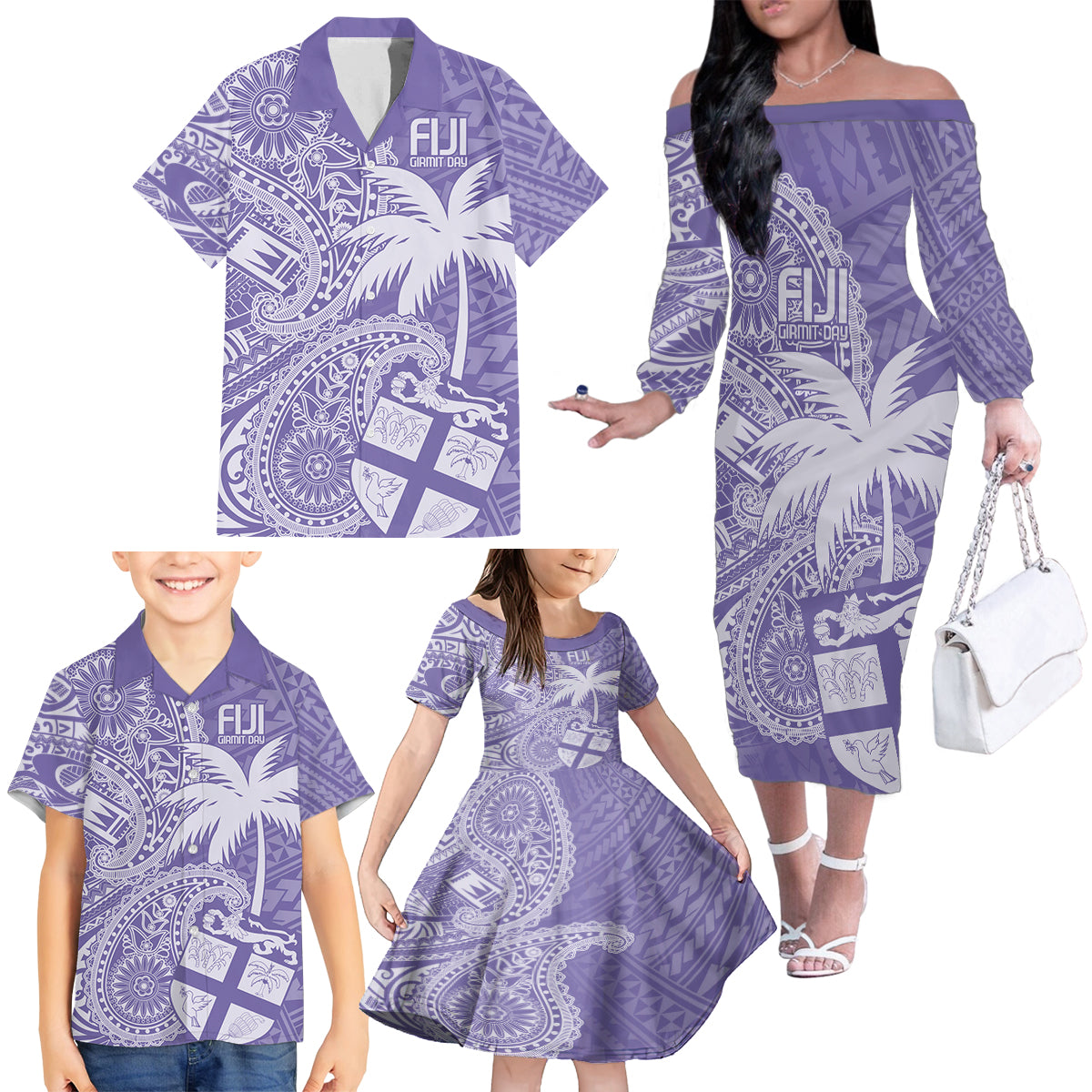 Custom Indo Fijians Family Matching Off The Shoulder Long Sleeve Dress and Hawaiian Shirt Fiji ke Hindustani Polyneisan Paisley Purple Style