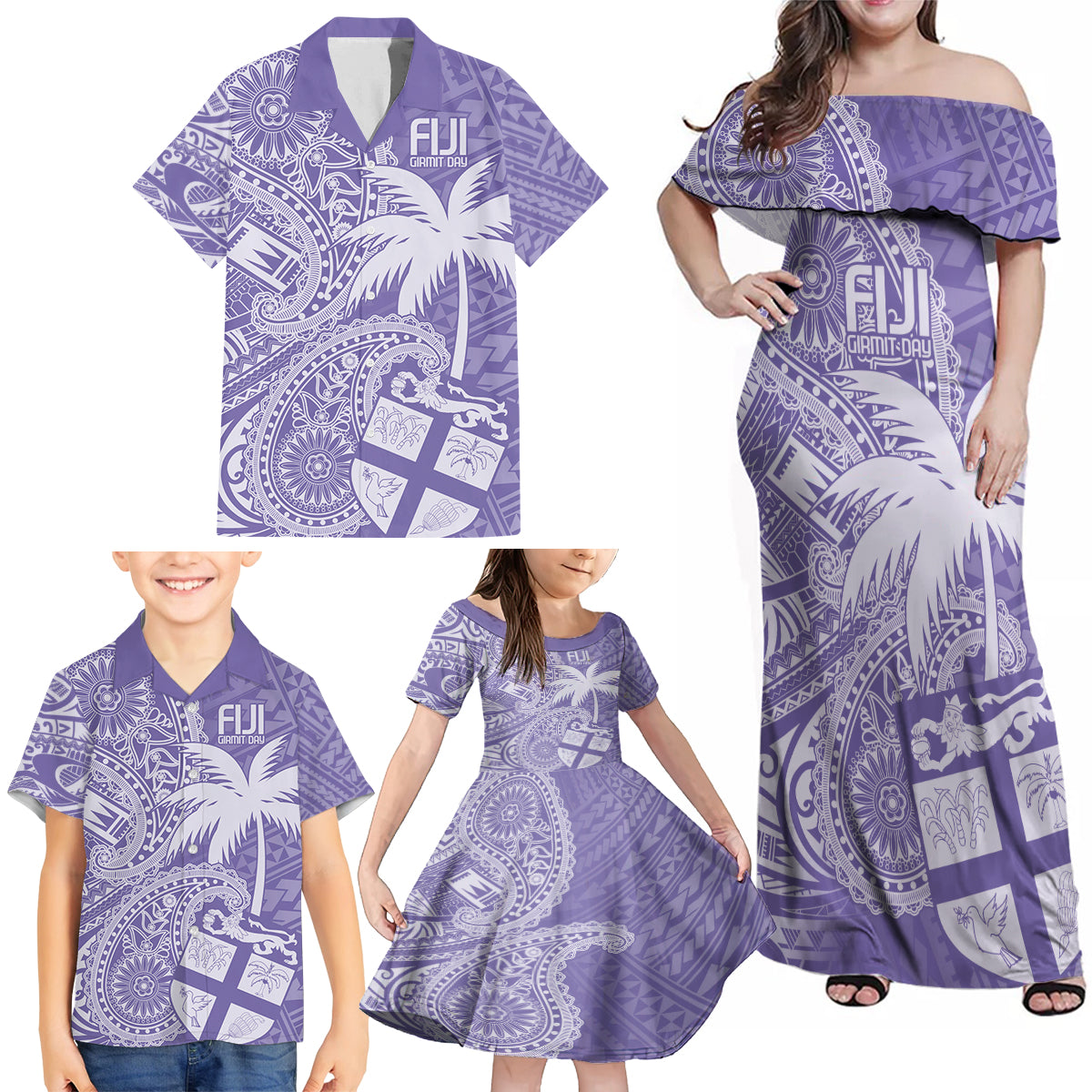 Custom Indo Fijians Family Matching Off Shoulder Maxi Dress and Hawaiian Shirt Fiji ke Hindustani Polyneisan Paisley Purple Style