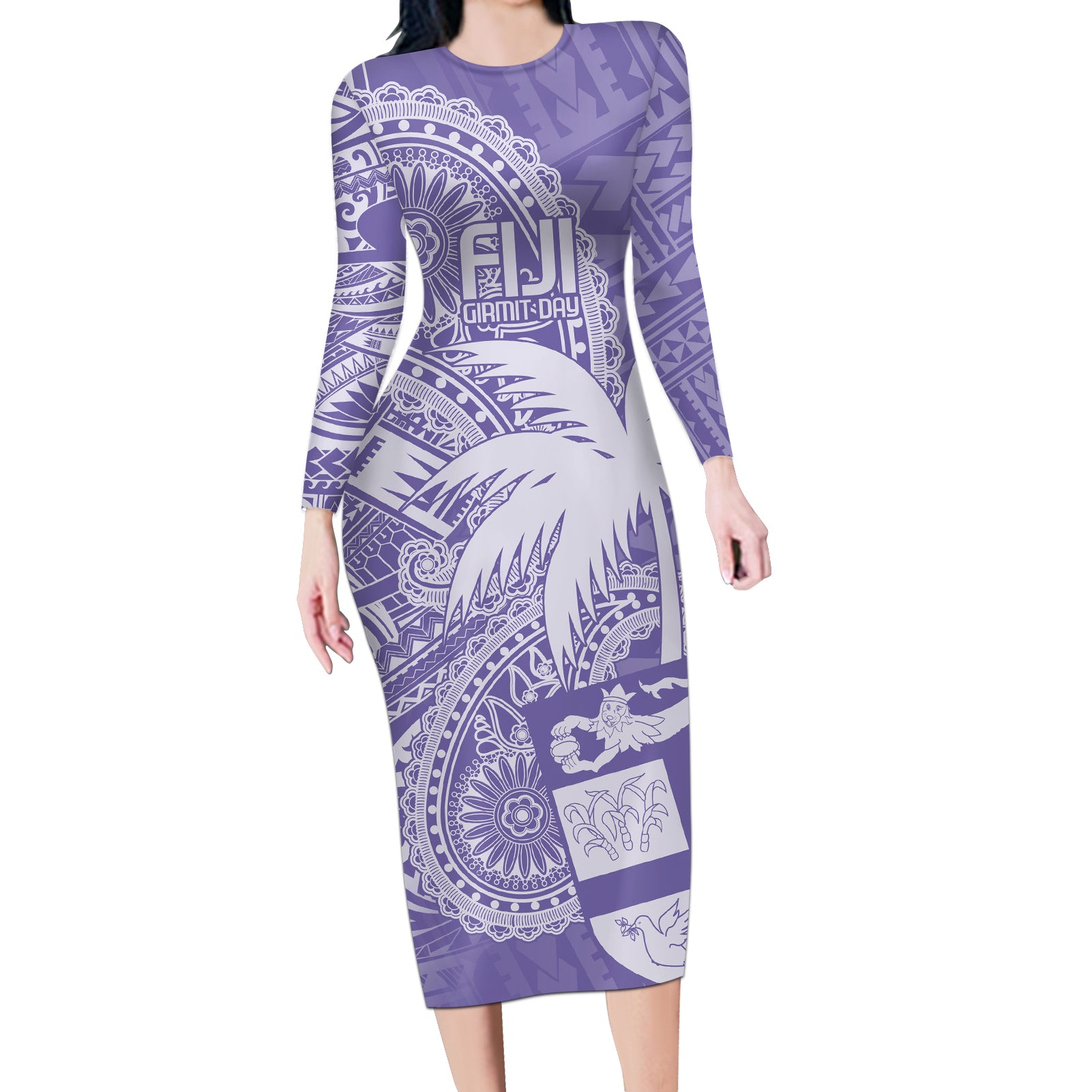 Custom Indo Fijians Long Sleeve Bodycon Dress Fiji ke Hindustani Polyneisan Paisley Purple Style