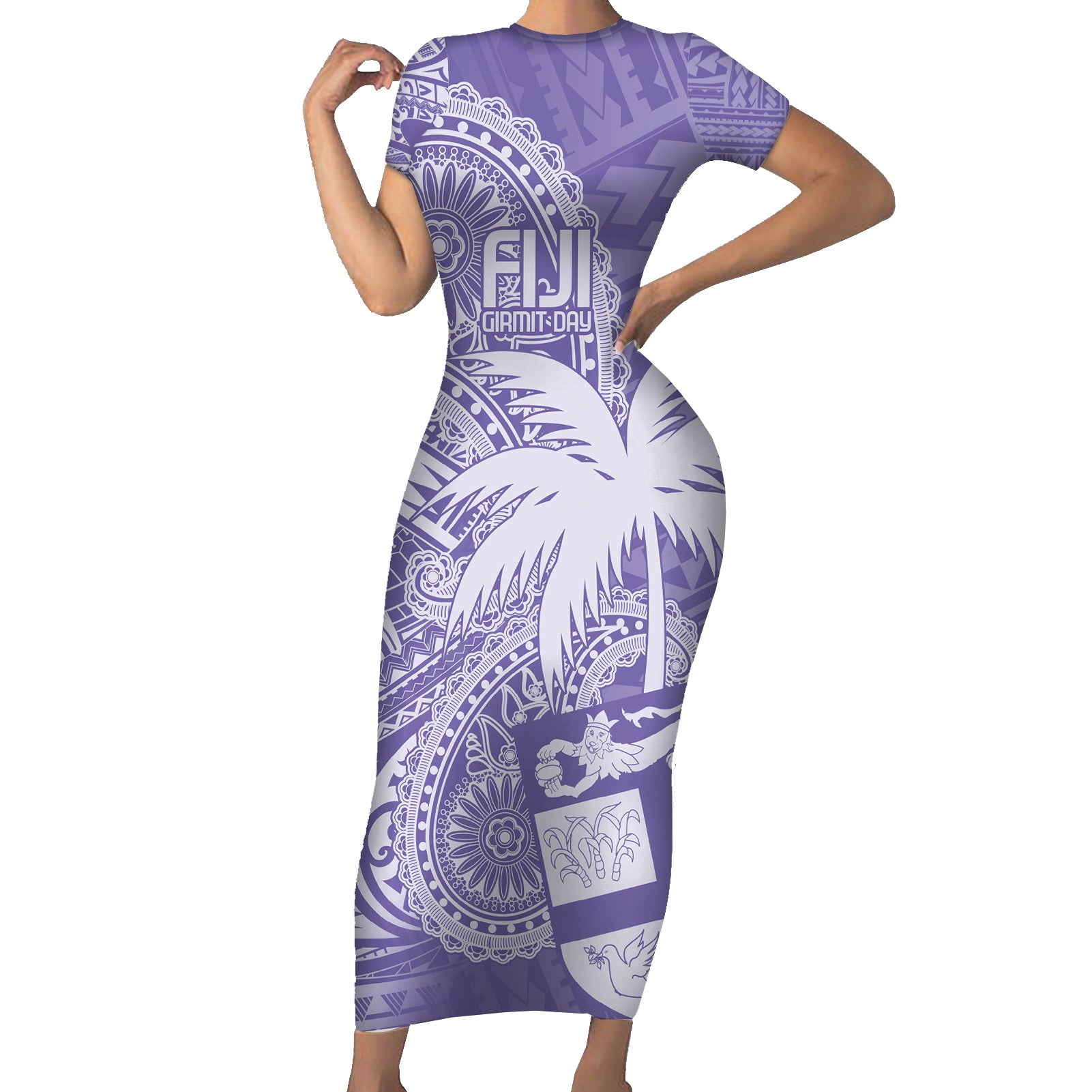 Custom Indo Fijians Short Sleeve Bodycon Dress Fiji ke Hindustani Polyneisan Paisley Purple Style