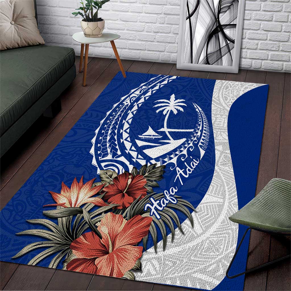 Blue Guam Hafa Adai Area Rug Tropical Flowers with Polynesian Pattern LT9 Blue - Polynesian Pride