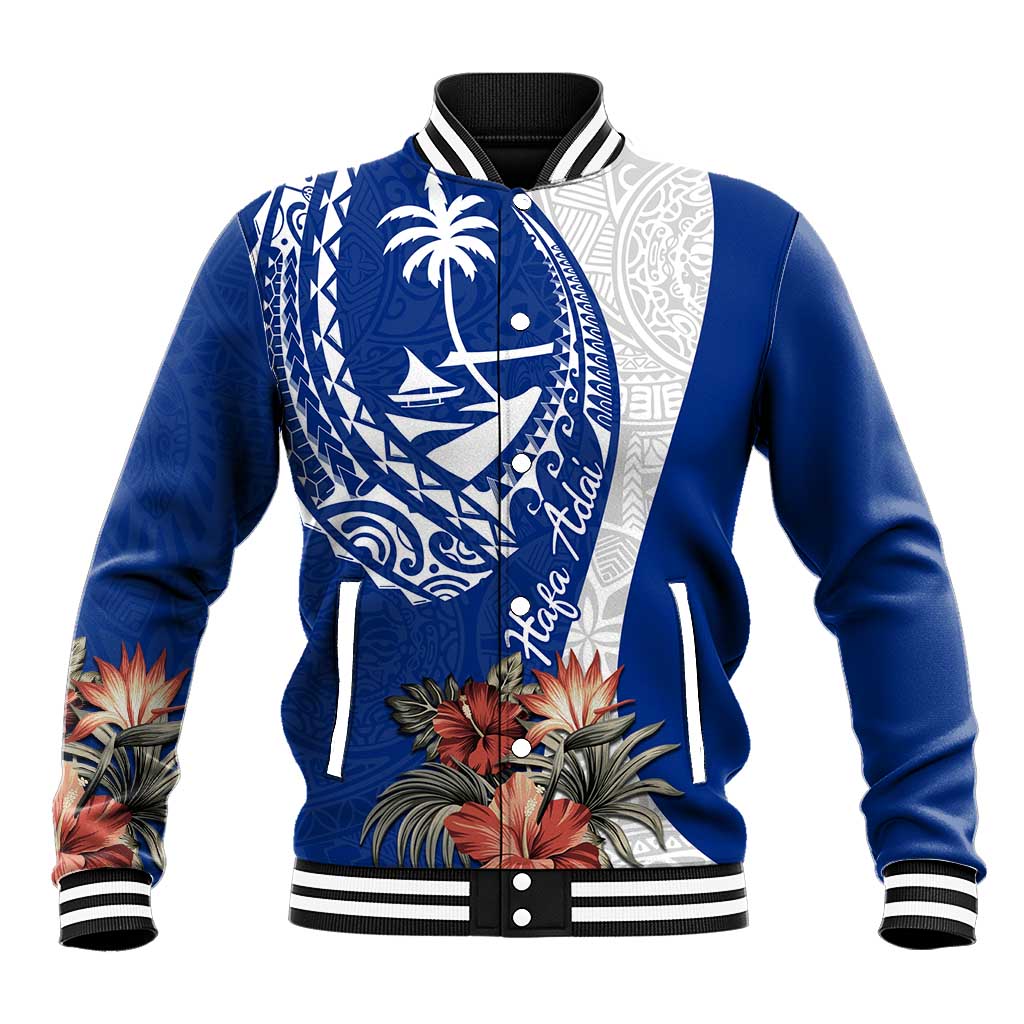 Blue Guam Hafa Adai Baseball Jacket Tropical Flowers with Polynesian Pattern LT9 Unisex Blue - Polynesian Pride