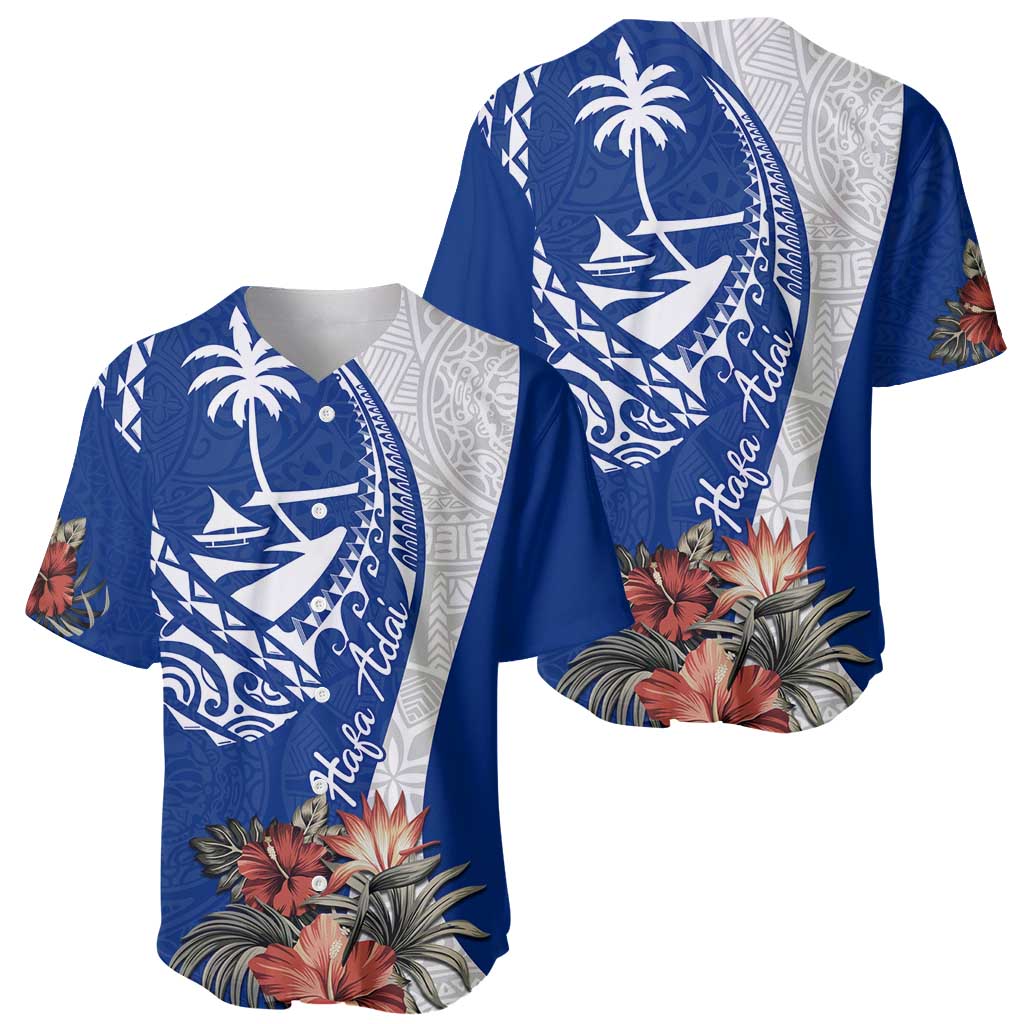 Blue Guam Hafa Adai Baseball Jersey Tropical Flowers with Polynesian Pattern LT9 - Polynesian Pride