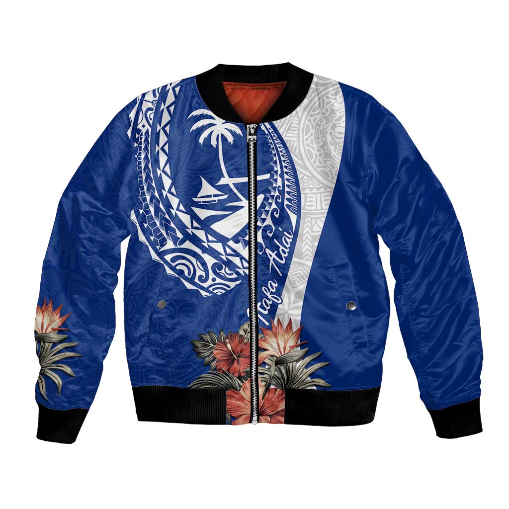 Blue Guam Hafa Adai Bomber Jacket Tropical Flowers with Polynesian Pattern LT9 Unisex Blue - Polynesian Pride