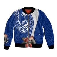Blue Guam Hafa Adai Bomber Jacket Tropical Flowers with Polynesian Pattern LT9 Unisex Blue - Polynesian Pride