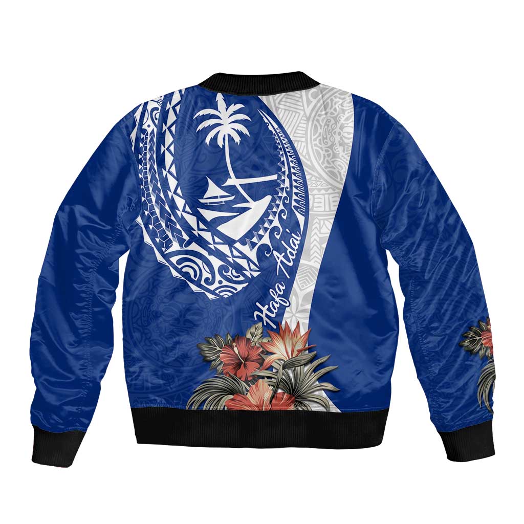 Blue Guam Hafa Adai Bomber Jacket Tropical Flowers with Polynesian Pattern LT9 - Polynesian Pride