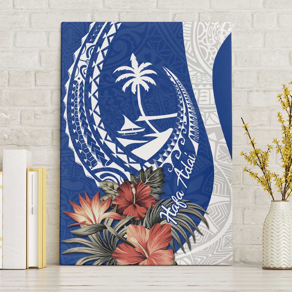 Blue Guam Hafa Adai Canvas Wall Art Tropical Flowers with Polynesian Pattern LT9 Without Frame Blue - Polynesian Pride