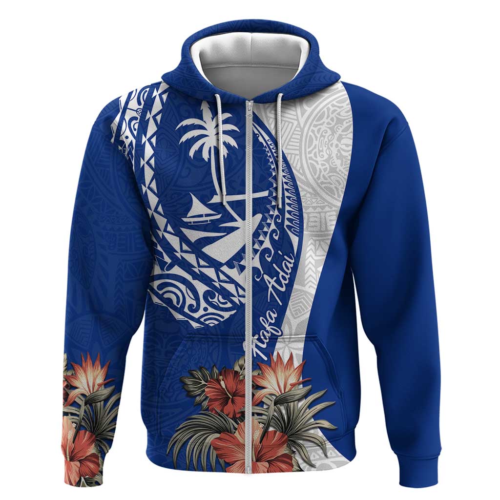 Blue Guam Hafa Adai Hoodie Tropical Flowers with Polynesian Pattern LT9 Zip Hoodie Blue - Polynesian Pride
