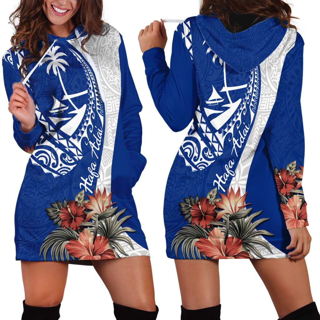 Blue Guam Hafa Adai Hoodie Dress Tropical Flowers with Polynesian Pattern LT9 - Polynesian Pride