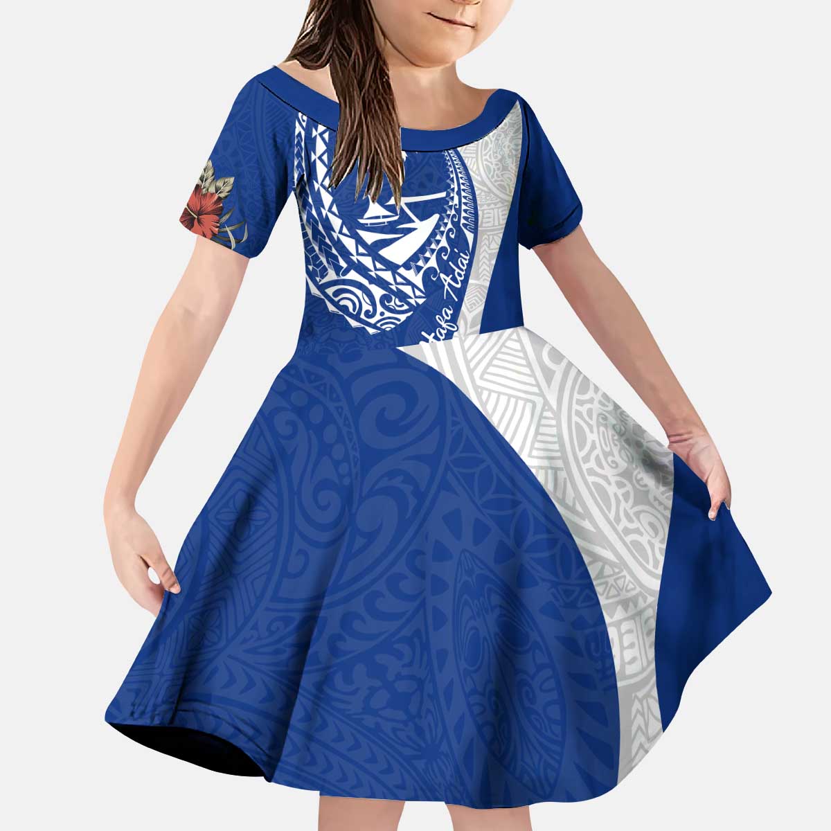 Blue Guam Hafa Adai Kid Short Sleeve Dress Tropical Flowers with Polynesian Pattern LT9 KID Blue - Polynesian Pride