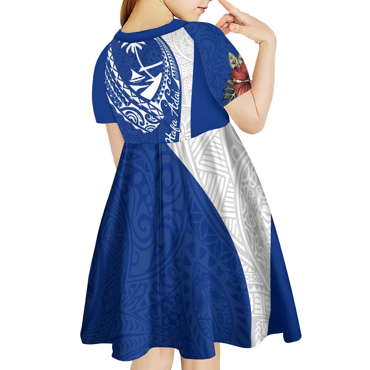 Blue Guam Hafa Adai Kid Short Sleeve Dress Tropical Flowers with Polynesian Pattern LT9 - Polynesian Pride
