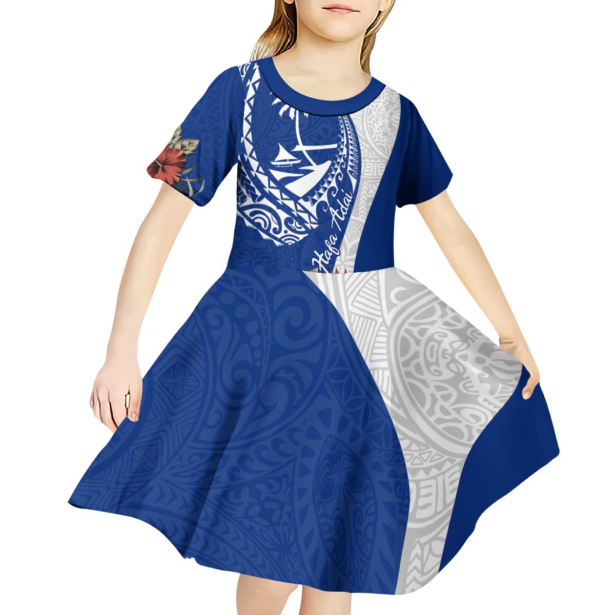 Blue Guam Hafa Adai Kid Short Sleeve Dress Tropical Flowers with Polynesian Pattern LT9 - Polynesian Pride