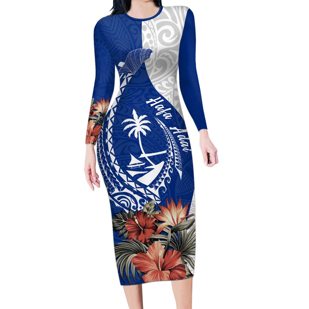 Blue Guam Hafa Adai Long Sleeve Bodycon Dress Tropical Flowers with Polynesian Pattern LT9 Long Dress Blue - Polynesian Pride