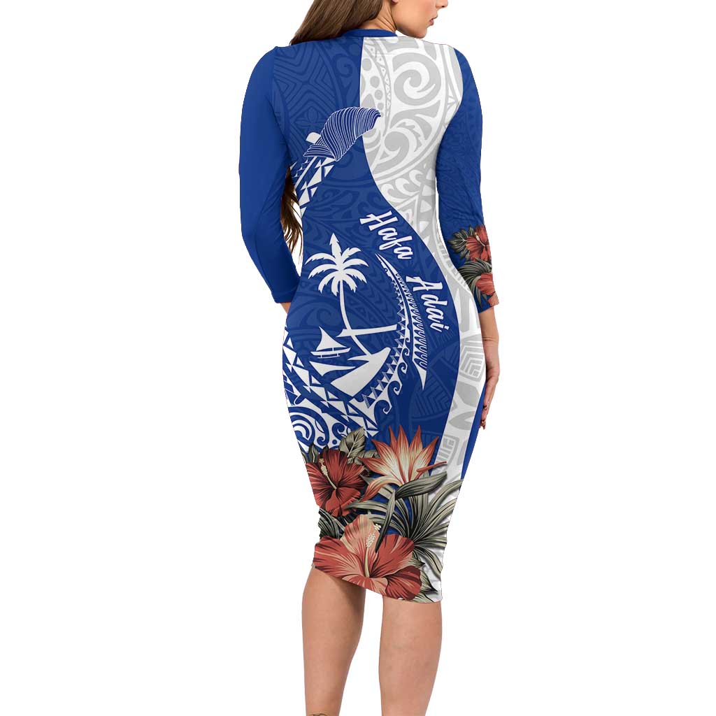 Blue Guam Hafa Adai Long Sleeve Bodycon Dress Tropical Flowers with Polynesian Pattern LT9 - Polynesian Pride
