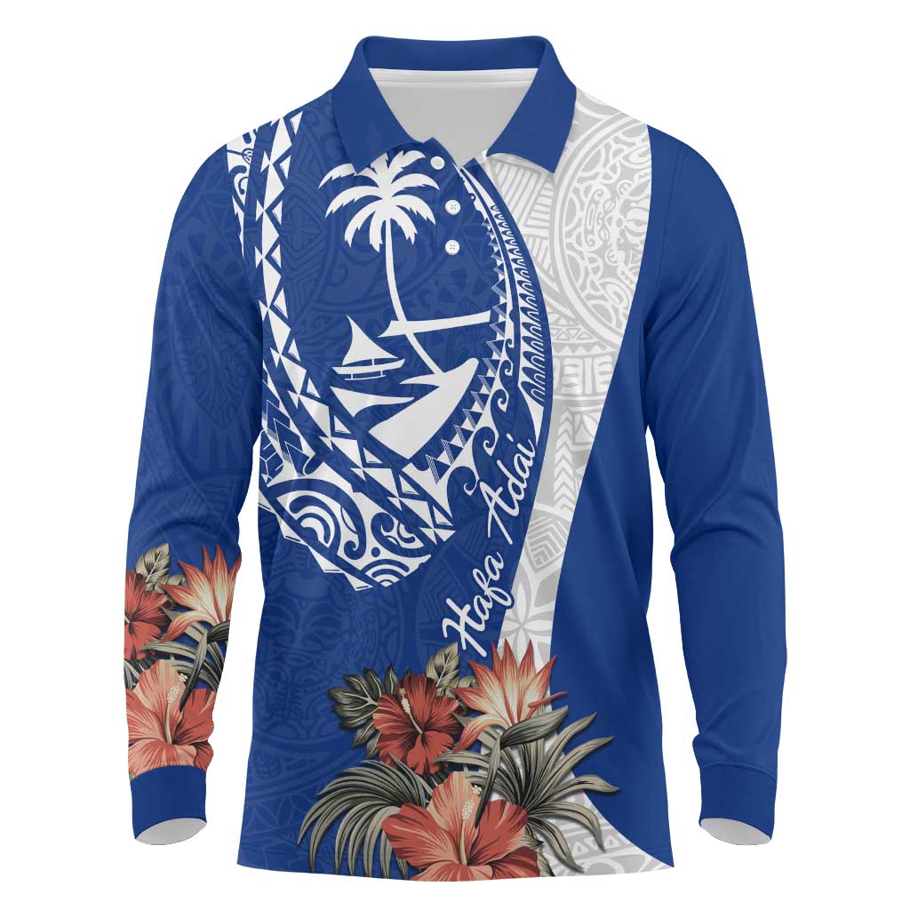 Blue Guam Hafa Adai Long Sleeve Polo Shirt Tropical Flowers with Polynesian Pattern LT9 Blue - Polynesian Pride