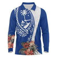 Blue Guam Hafa Adai Long Sleeve Polo Shirt Tropical Flowers with Polynesian Pattern LT9 Blue - Polynesian Pride