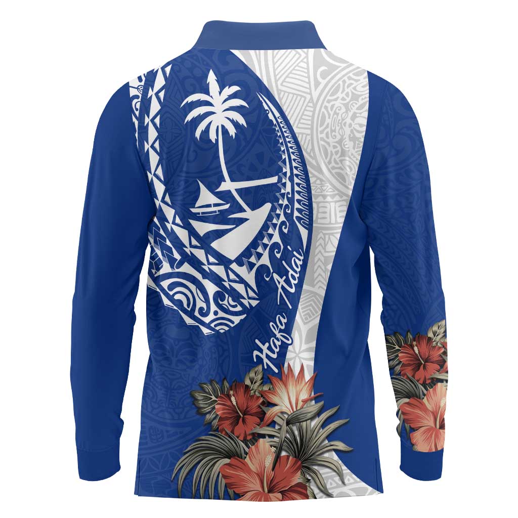 Blue Guam Hafa Adai Long Sleeve Polo Shirt Tropical Flowers with Polynesian Pattern LT9 - Polynesian Pride