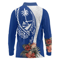 Blue Guam Hafa Adai Long Sleeve Polo Shirt Tropical Flowers with Polynesian Pattern LT9 - Polynesian Pride