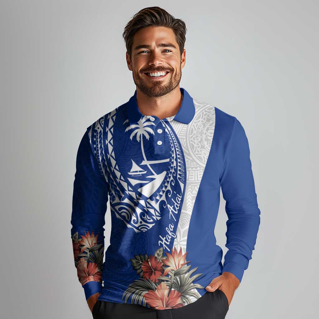 Blue Guam Hafa Adai Long Sleeve Polo Shirt Tropical Flowers with Polynesian Pattern LT9 - Polynesian Pride