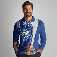Blue Guam Hafa Adai Long Sleeve Polo Shirt Tropical Flowers with Polynesian Pattern LT9 - Polynesian Pride