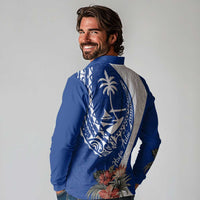 Blue Guam Hafa Adai Long Sleeve Polo Shirt Tropical Flowers with Polynesian Pattern LT9 - Polynesian Pride