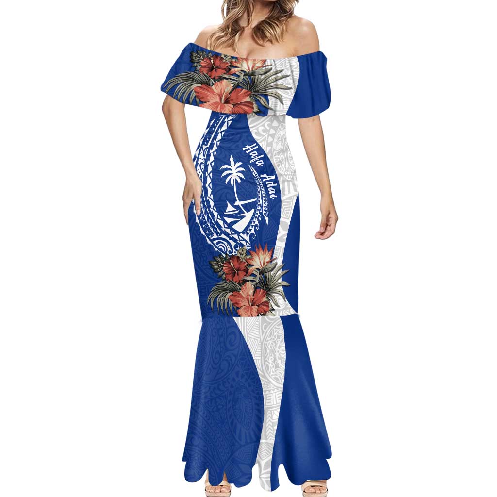 Blue Guam Hafa Adai Mermaid Dress Tropical Flowers with Polynesian Pattern LT9 - Polynesian Pride
