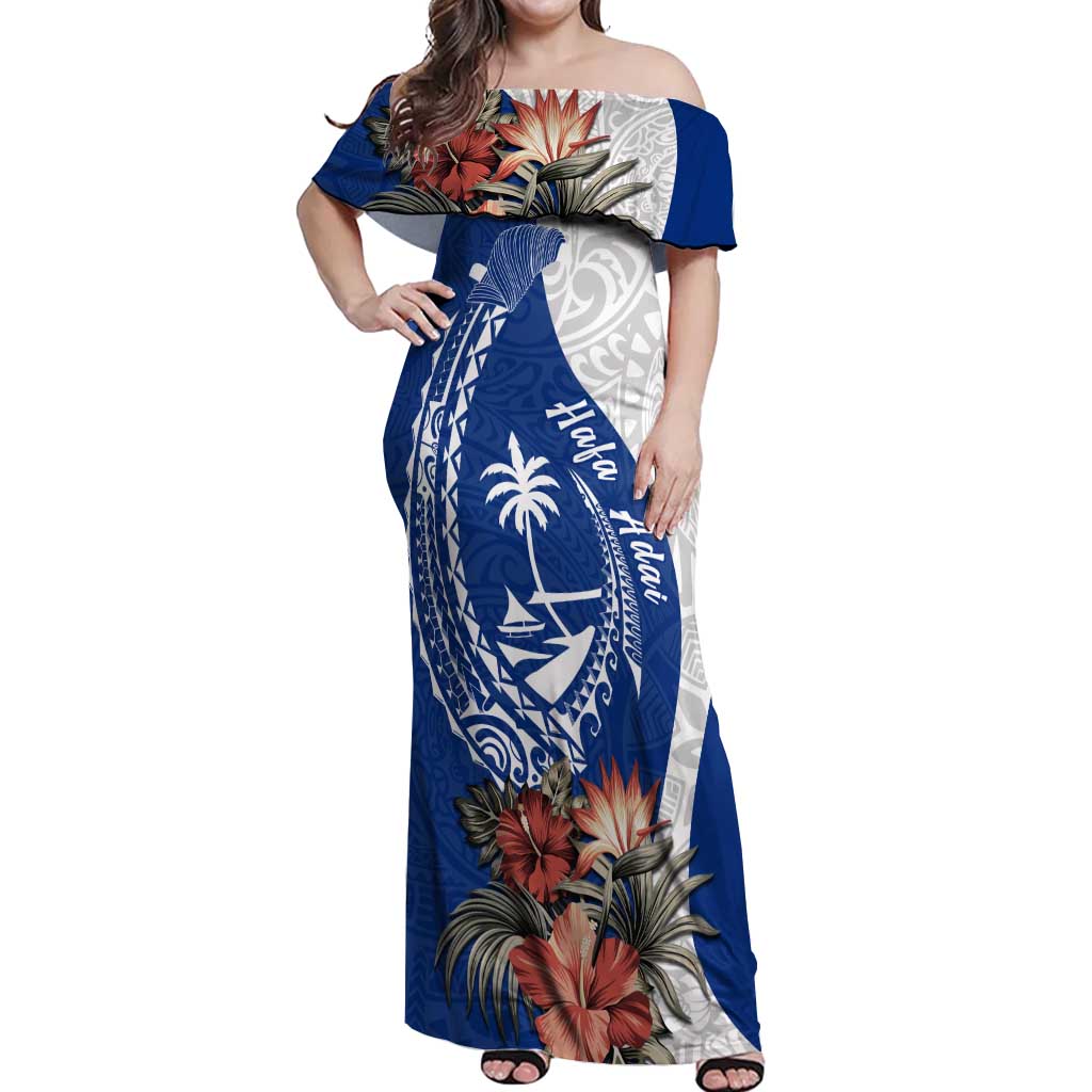 Blue Guam Hafa Adai Off Shoulder Maxi Dress Tropical Flowers with Polynesian Pattern LT9 Women Blue - Polynesian Pride
