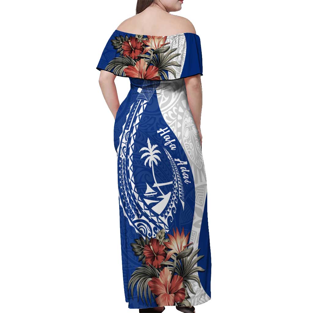Blue Guam Hafa Adai Off Shoulder Maxi Dress Tropical Flowers with Polynesian Pattern LT9 - Polynesian Pride