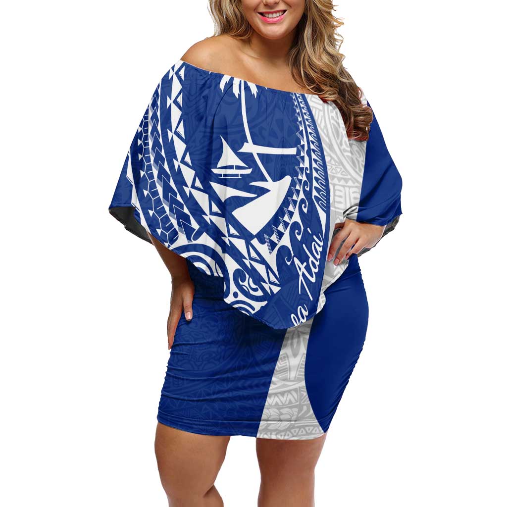 Blue Guam Hafa Adai Off Shoulder Short Dress Tropical Flowers with Polynesian Pattern LT9 Women Blue - Polynesian Pride