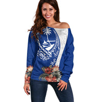 Blue Guam Hafa Adai Off Shoulder Sweater Tropical Flowers with Polynesian Pattern LT9 Women Blue - Polynesian Pride