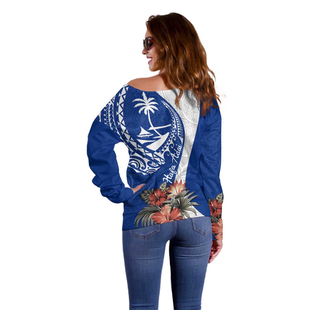 Blue Guam Hafa Adai Off Shoulder Sweater Tropical Flowers with Polynesian Pattern LT9 - Polynesian Pride