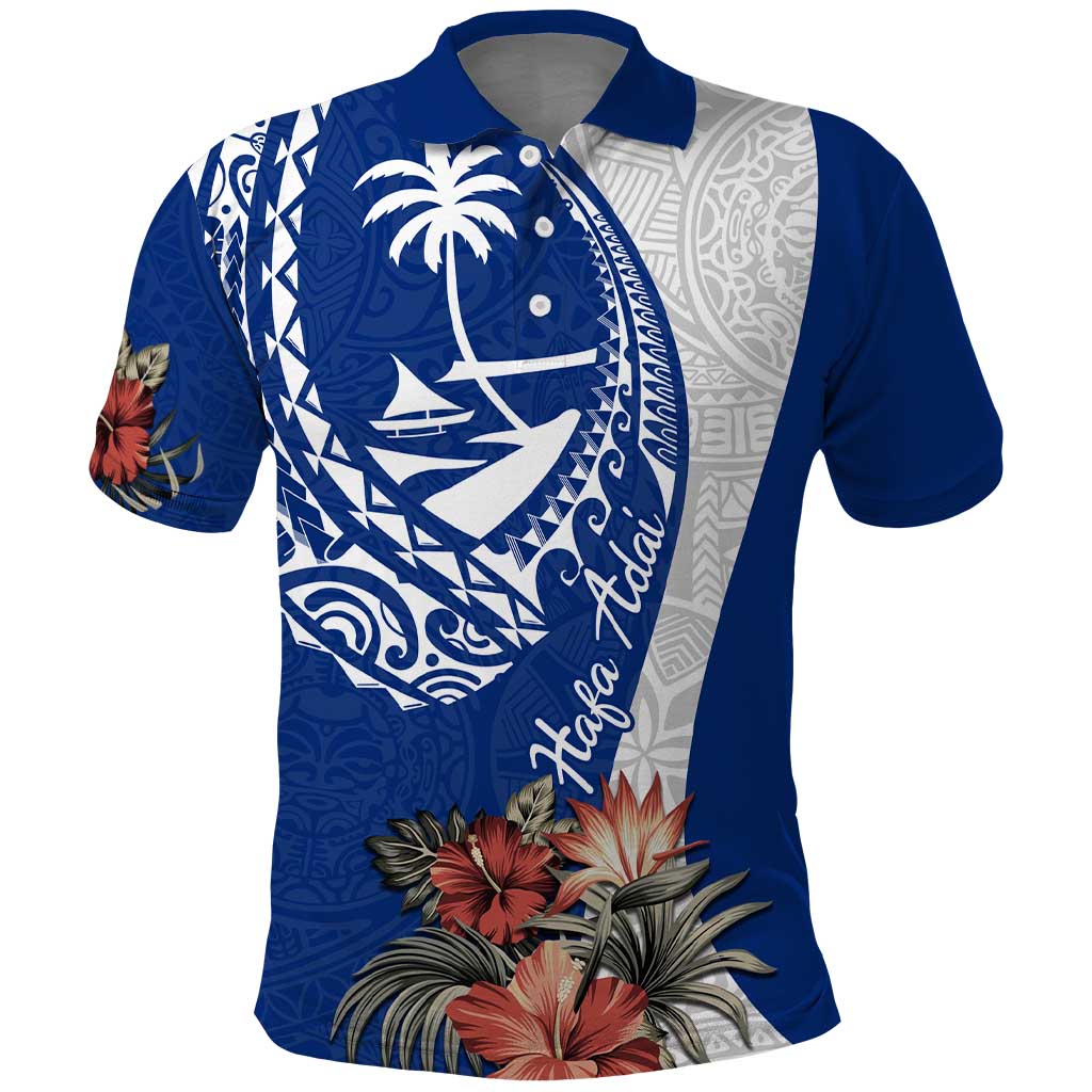 Blue Guam Hafa Adai Polo Shirt Tropical Flowers with Polynesian Pattern LT9 Blue - Polynesian Pride