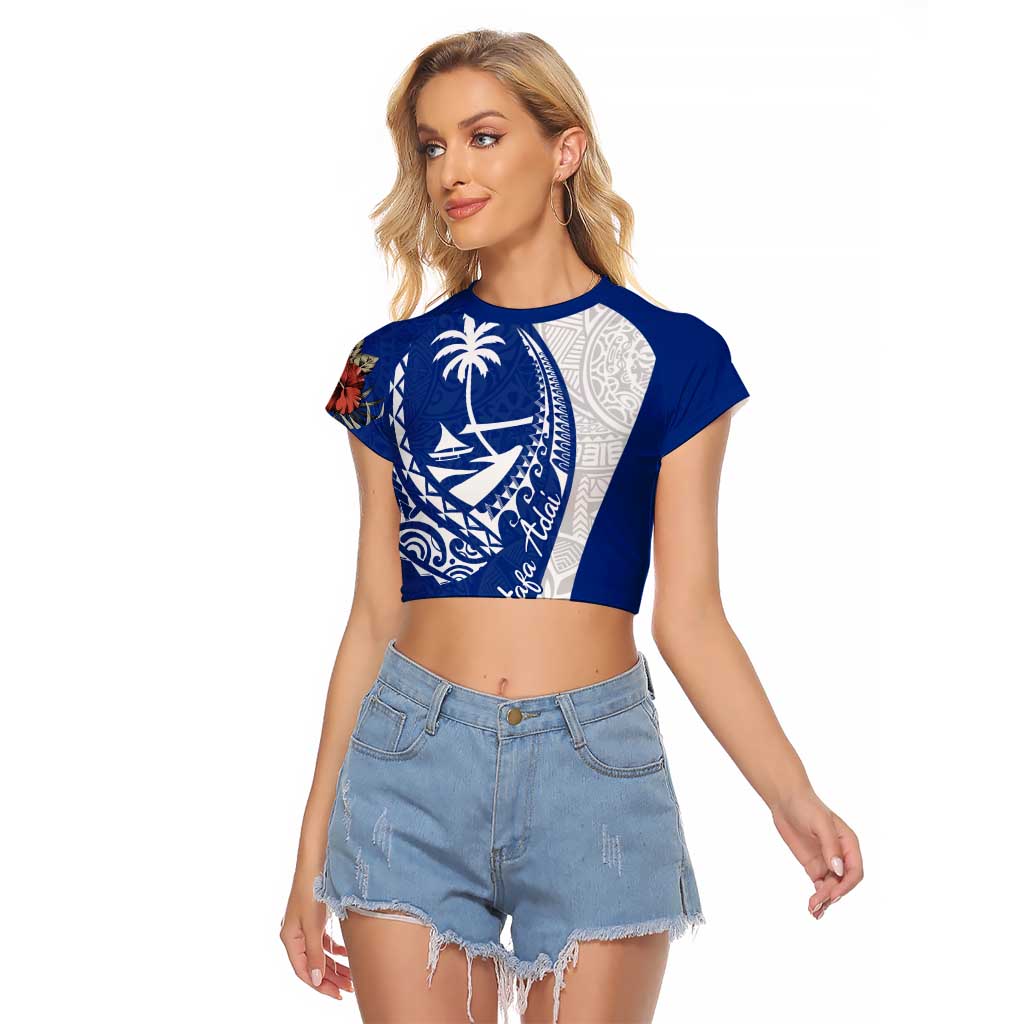 Blue Guam Hafa Adai Raglan Cropped T Shirt Tropical Flowers with Polynesian Pattern LT9 Female Blue - Polynesian Pride