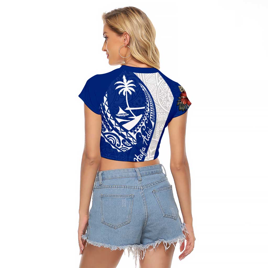 Blue Guam Hafa Adai Raglan Cropped T Shirt Tropical Flowers with Polynesian Pattern LT9 - Polynesian Pride