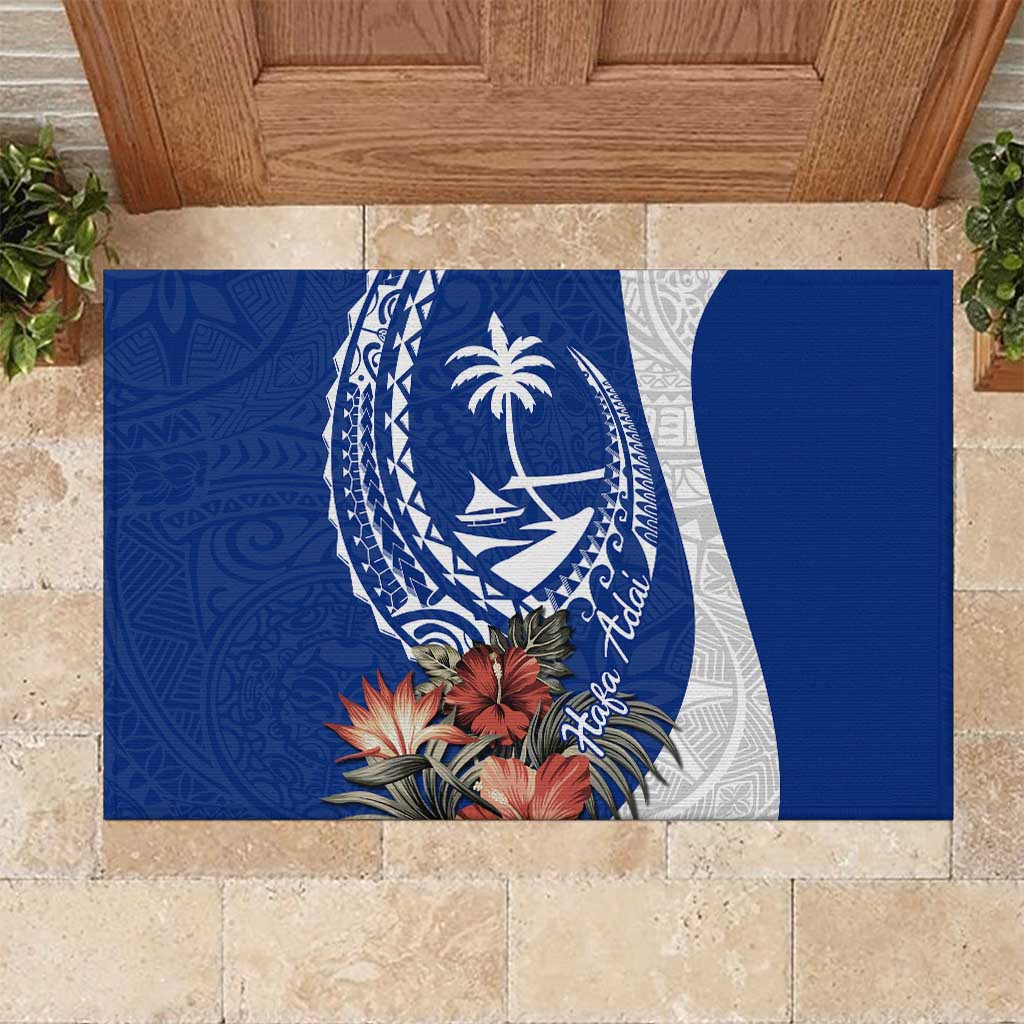 Blue Guam Hafa Adai Rubber Doormat Tropical Flowers with Polynesian Pattern LT9 Blue - Polynesian Pride