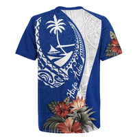 Blue Guam Hafa Adai Rugby Jersey Tropical Flowers with Polynesian Pattern LT9 - Polynesian Pride