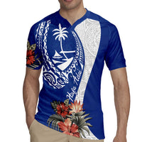 Blue Guam Hafa Adai Rugby Jersey Tropical Flowers with Polynesian Pattern LT9 - Polynesian Pride
