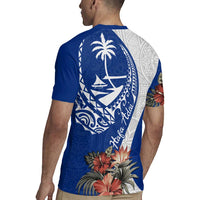 Blue Guam Hafa Adai Rugby Jersey Tropical Flowers with Polynesian Pattern LT9 - Polynesian Pride