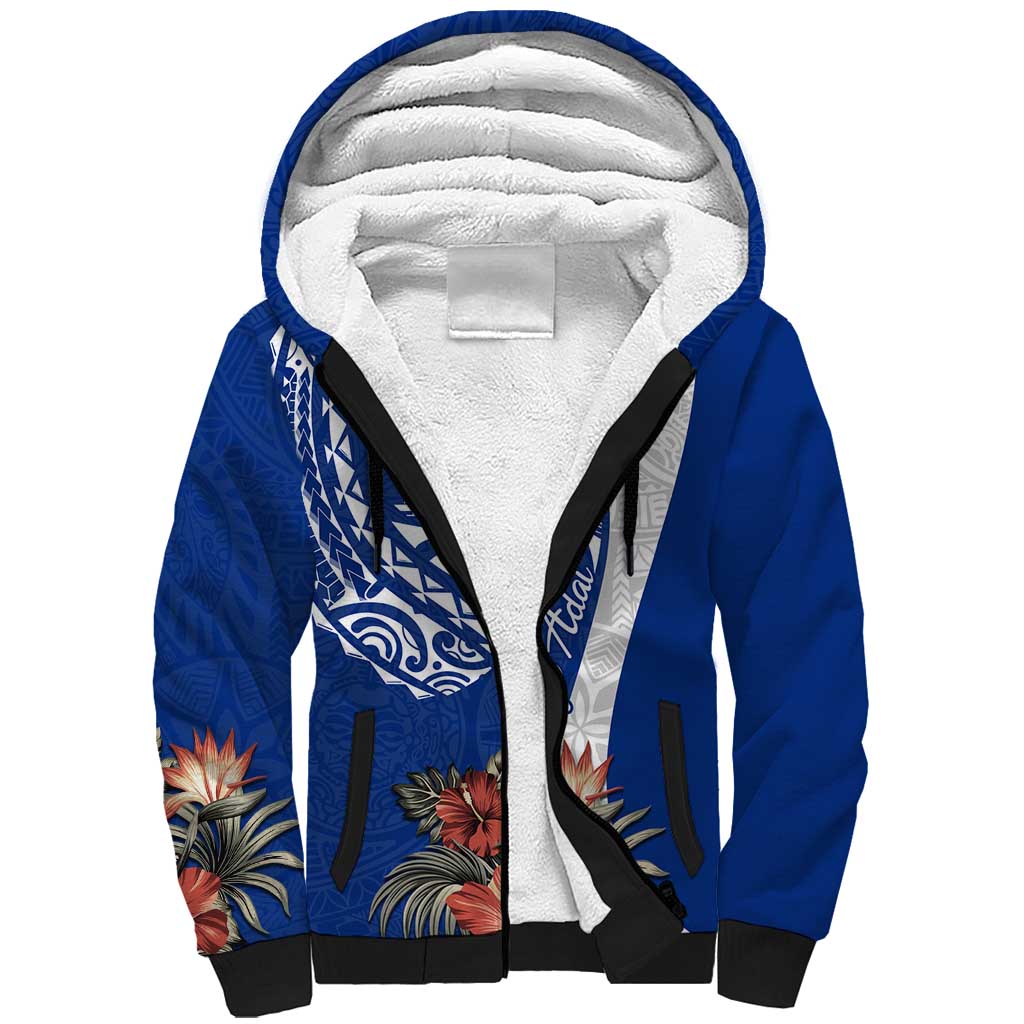 Blue Guam Hafa Adai Sherpa Hoodie Tropical Flowers with Polynesian Pattern LT9 Unisex Blue - Polynesian Pride