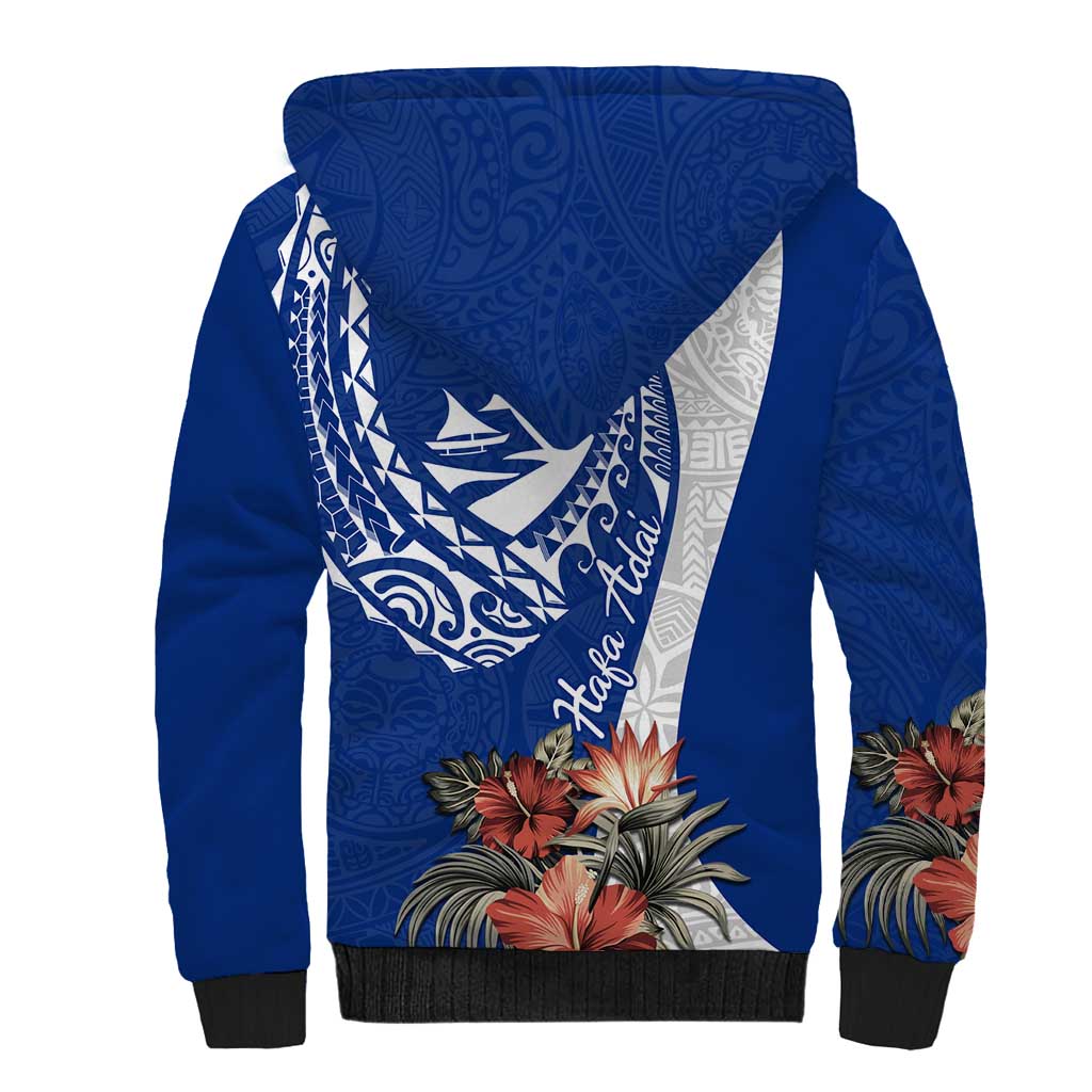Blue Guam Hafa Adai Sherpa Hoodie Tropical Flowers with Polynesian Pattern LT9 - Polynesian Pride