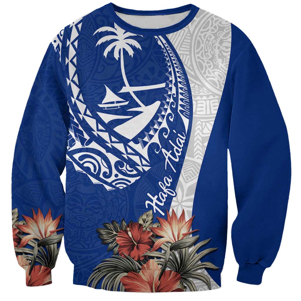 Blue Guam Hafa Adai Sweatshirt Tropical Flowers with Polynesian Pattern LT9 Unisex Blue - Polynesian Pride