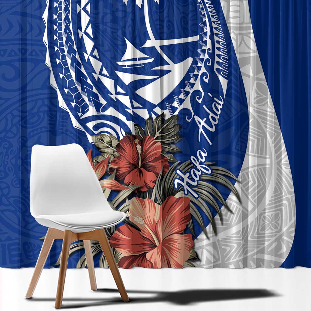 Blue Guam Hafa Adai Window Curtain Tropical Flowers with Polynesian Pattern LT9 - Polynesian Pride