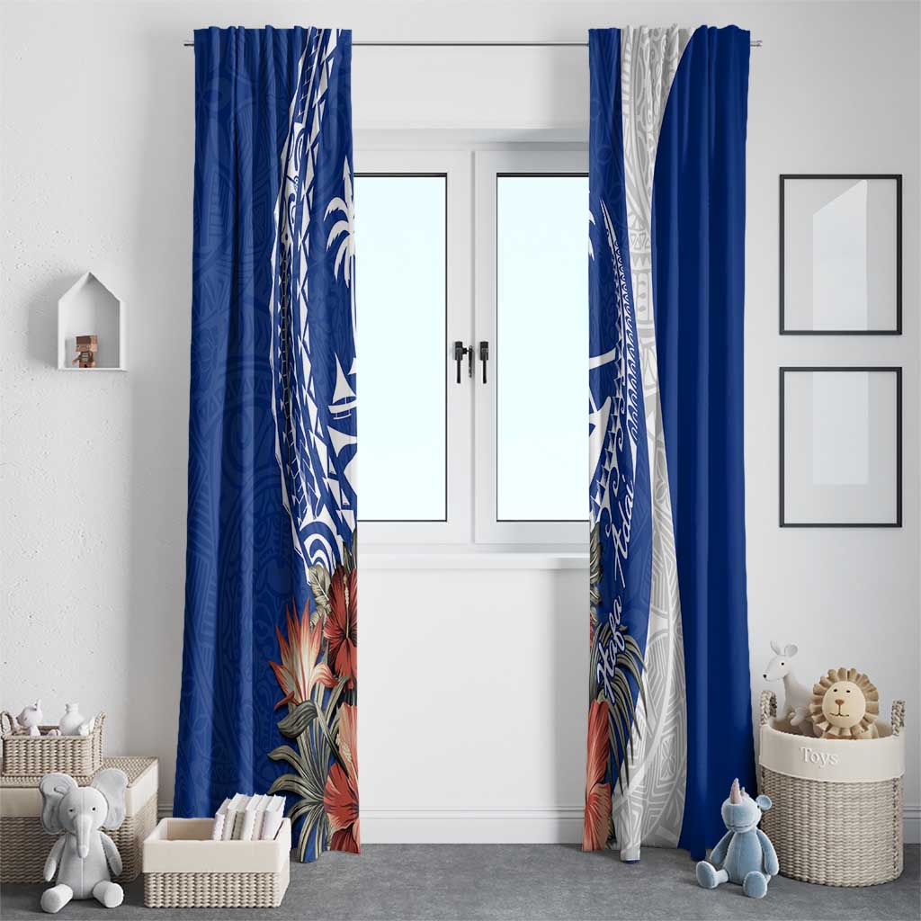 Blue Guam Hafa Adai Window Curtain Tropical Flowers with Polynesian Pattern LT9 - Polynesian Pride