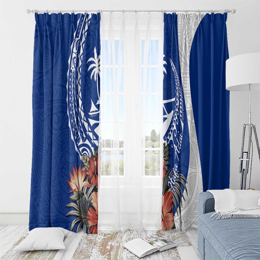 Blue Guam Hafa Adai Window Curtain Tropical Flowers with Polynesian Pattern LT9 - Polynesian Pride