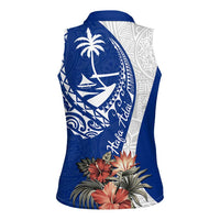 Blue Guam Hafa Adai Women Sleeveless Polo Shirt Tropical Flowers with Polynesian Pattern LT9 - Polynesian Pride