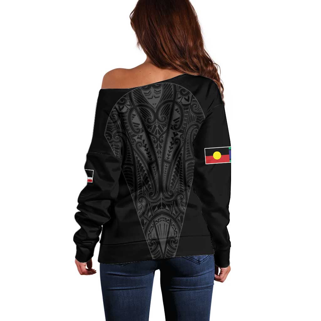 Queensland Maori Rugby Nga Hau e Wha Off Shoulder Sweater Black Motif LT9 - Polynesian Pride